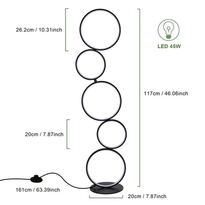 Lampadaire LED moderne à intensité variable, lampe d'angle lumineuse à 3 voies avec 5 anneaux pour salon