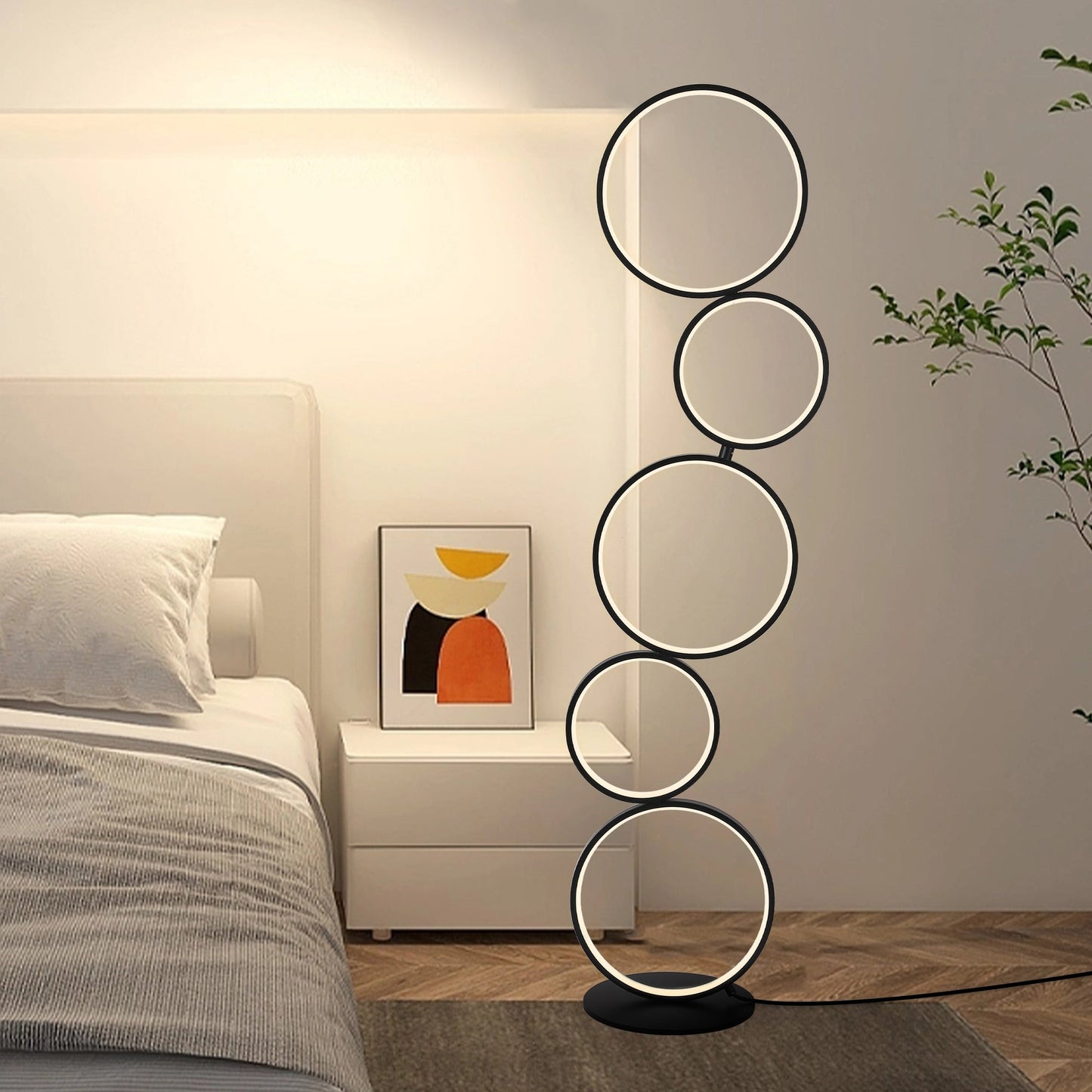 Lampadaire LED moderne à intensité variable, lampe d'angle lumineuse à 3 voies avec 5 anneaux pour salon