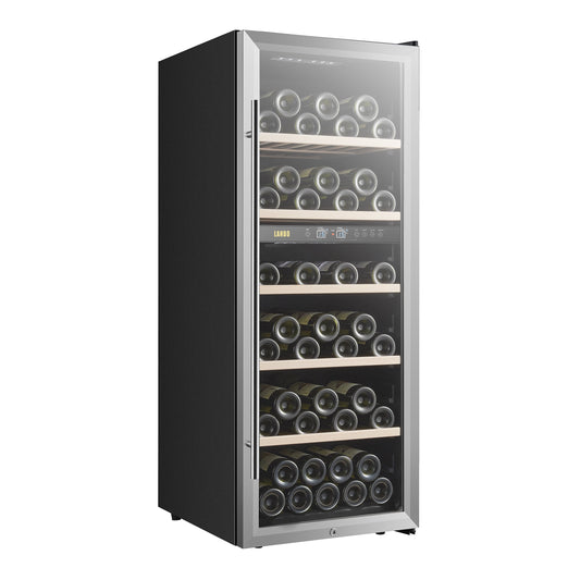 Réfrigérateur à vin autonome Lanbo 20 pouces, 64 bouteilles, double zone, porte vitrée avec garniture en acier inoxydable et deux serrures de sécurité.