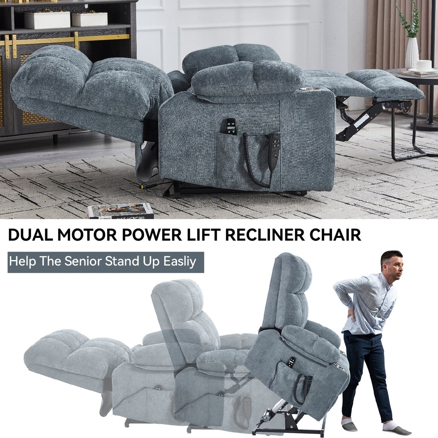 Fauteuil inclinable électrique Lazy Boy à double moteur en chenille avec massage et chauffage lombaire, deux porte-gobelets, gris-bleu