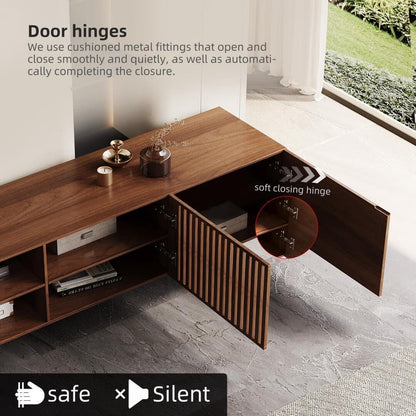 Meuble TV moderne du milieu du siècle avec 4 portes et rangements, compatible avec les téléviseurs jusqu'à 100 pouces, idéal pour le salon