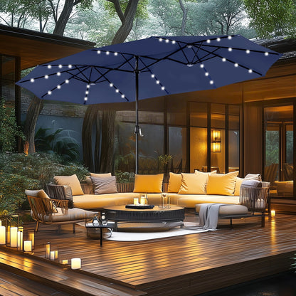 MAISON ARTS Parasol de marché extérieur rectangulaire à manivelle double face de 15 pieds Parasol de patio éclairé par LED solaire avec base incluse