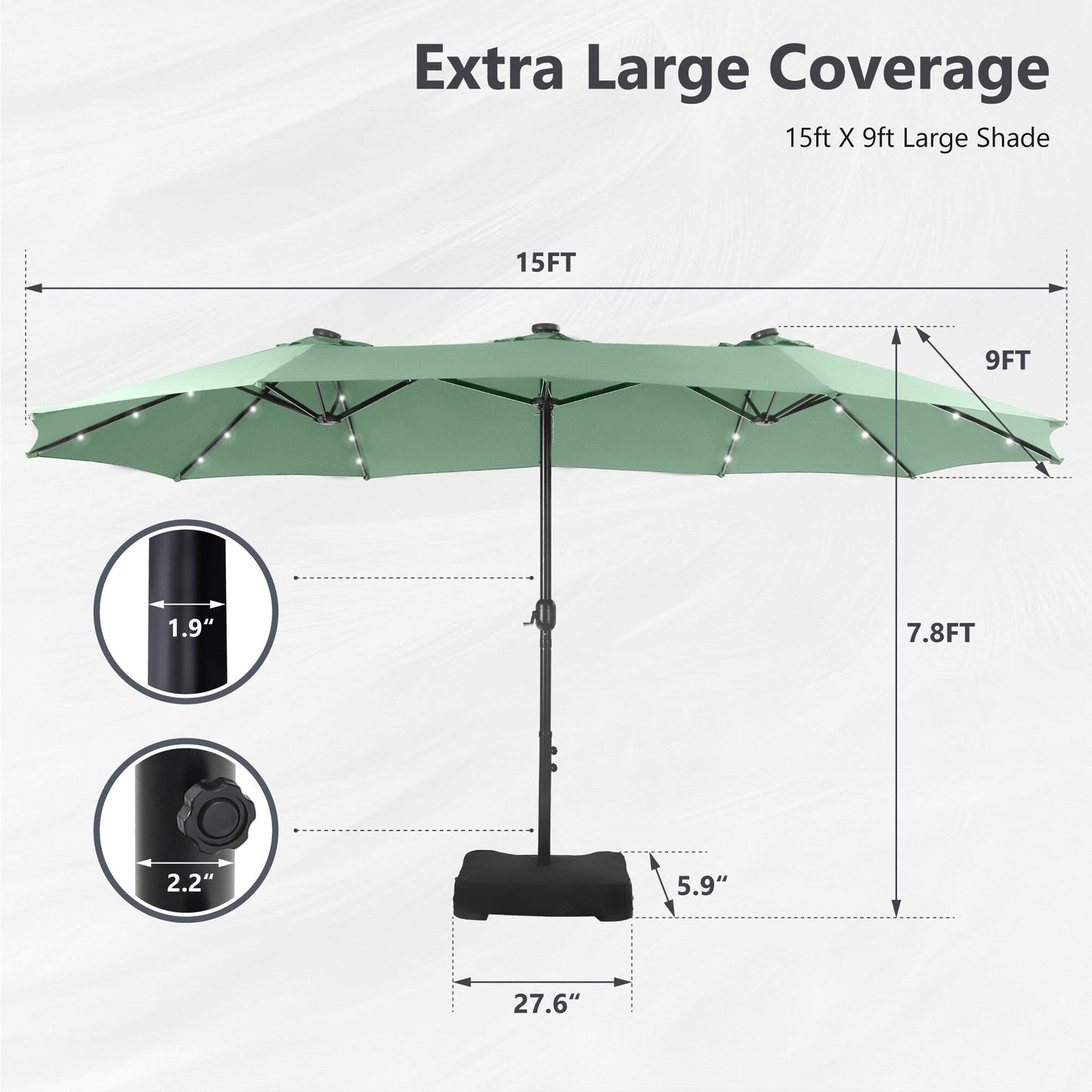 MAISON ARTS Parasol de marché extérieur rectangulaire à manivelle double face de 15 pieds Parasol de patio éclairé par LED solaire avec base incluse