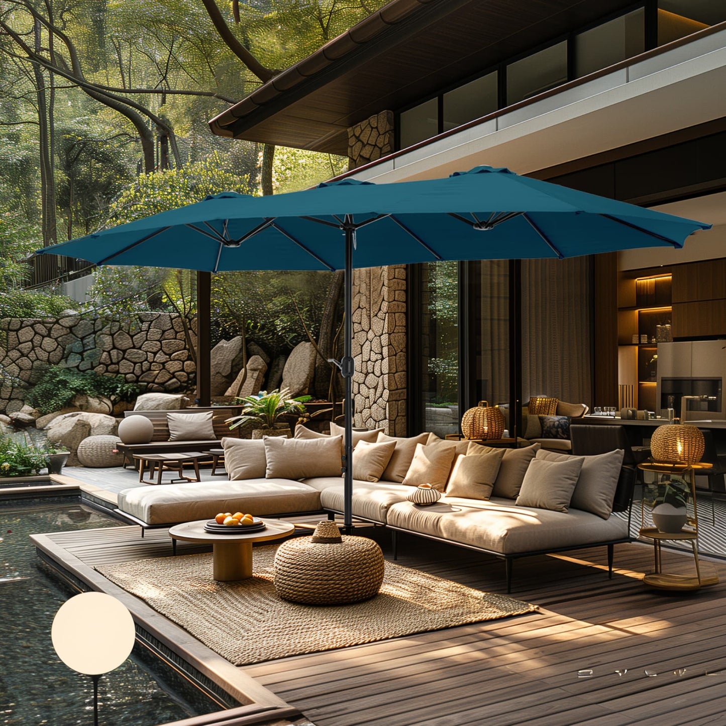 Parasol double extra large de 15 pieds pour patio double face de MAISON ARTS avec base incluse
