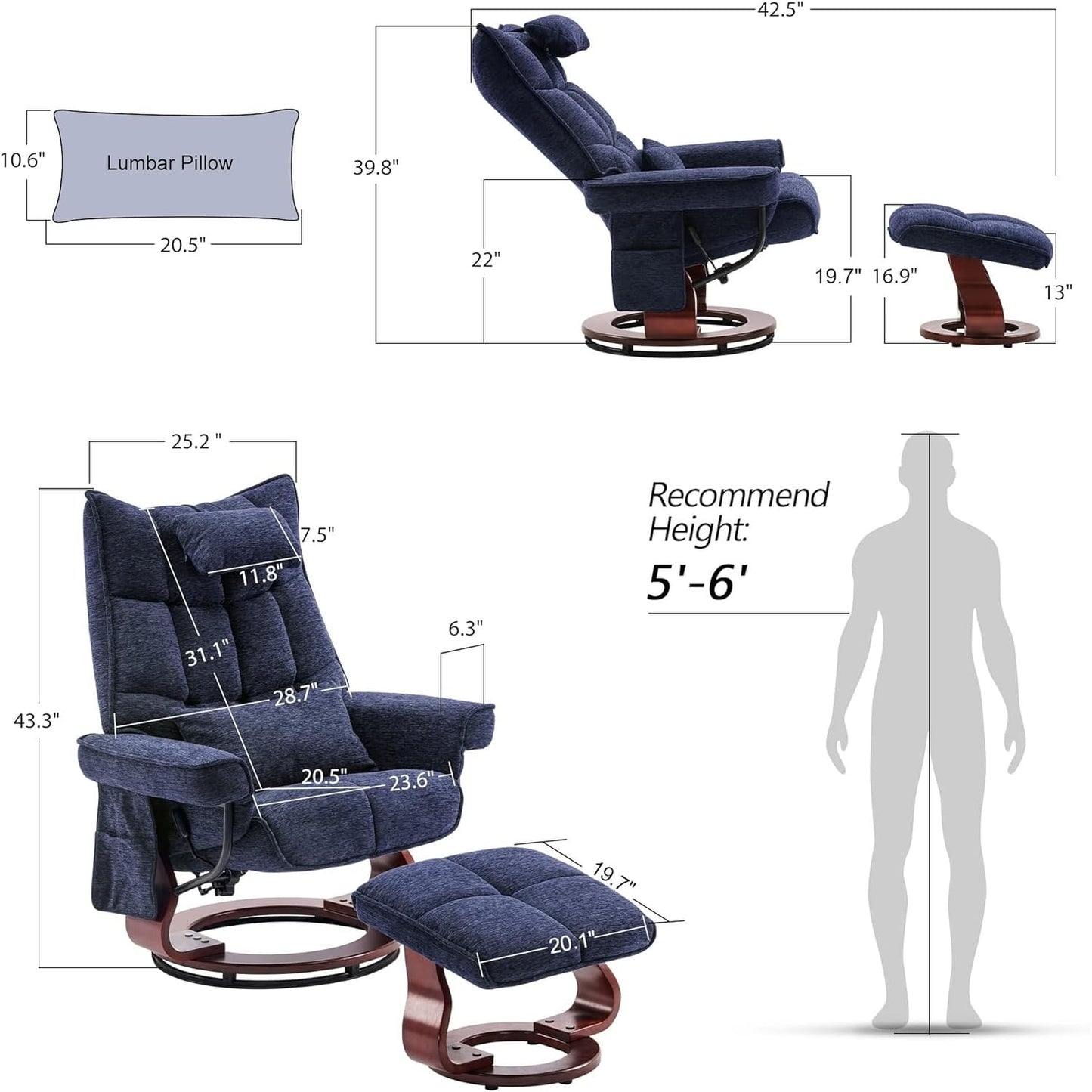 Ensemble de 2 fauteuils inclinables pivotants avec pouf et coussin de nuque, tissu chenille
