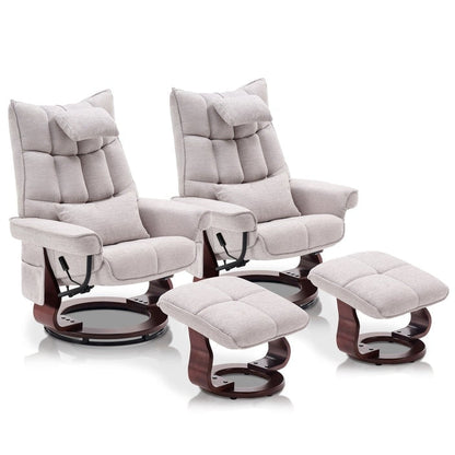 Ensemble de 2 fauteuils inclinables pivotants avec pouf et coussin de nuque, tissu chenille