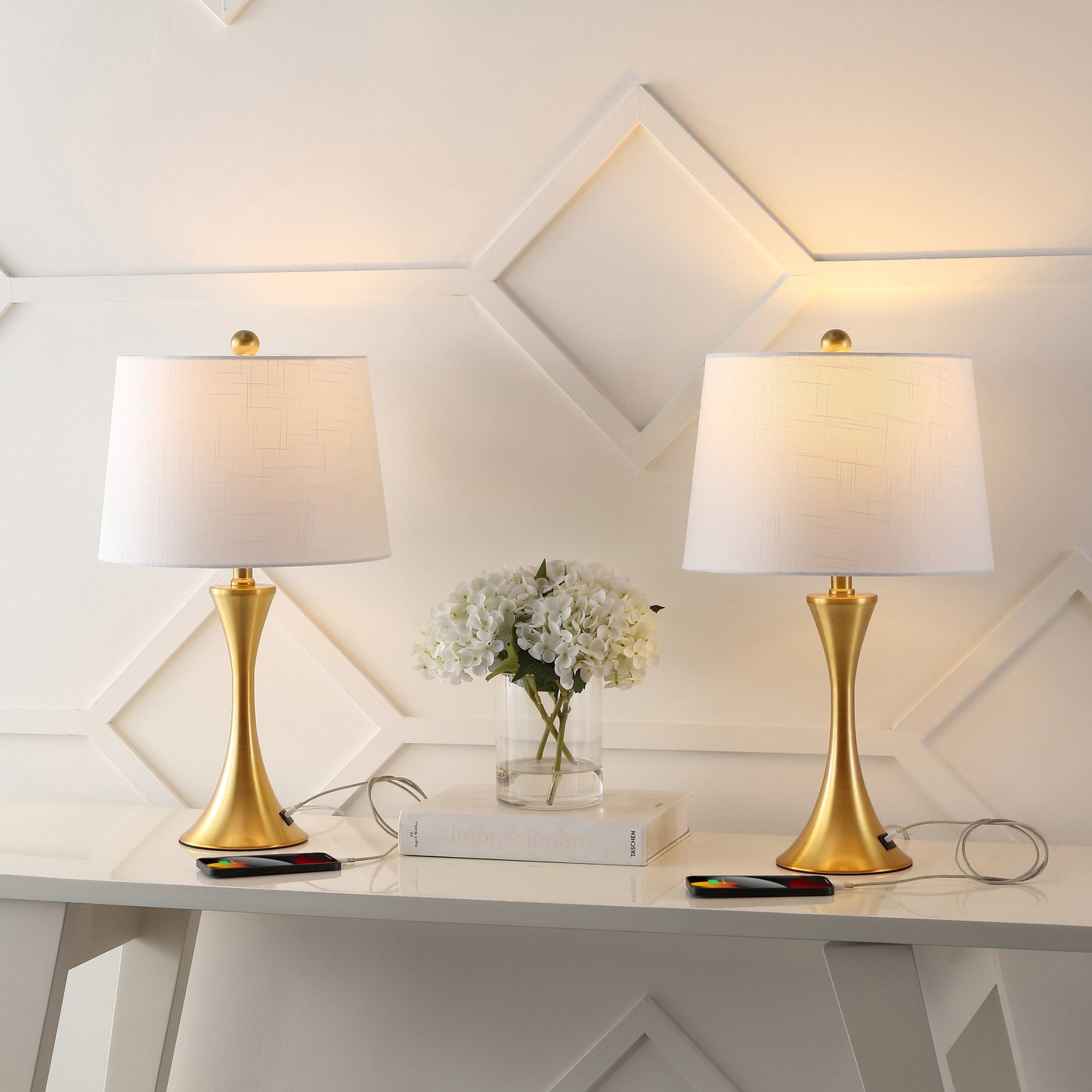 Lampe de table LED Makena 22,75 cm en fer moderne et glamour avec port de chargement USB (lot de 2) par JONATHAN Y