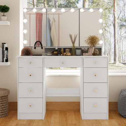 Coiffeuse avec miroir à trois volets et éclairage certifié, plateau en verre