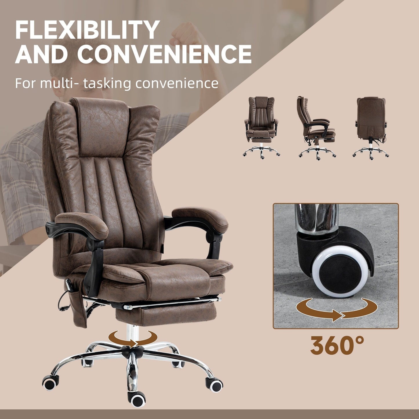 Fauteuil de bureau ergonomique, inclinable et massant en microfibre, avec dossier haut et chauffage, repose-pieds et télécommande
