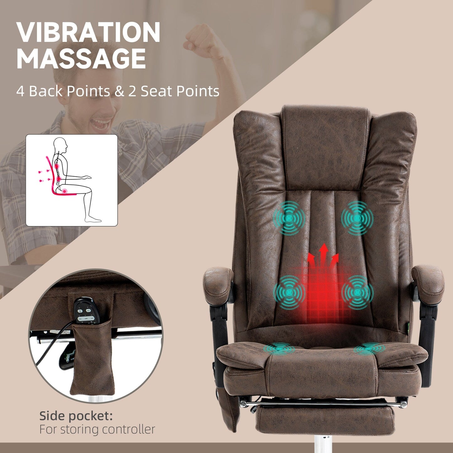Fauteuil de bureau ergonomique, inclinable et massant en microfibre, avec dossier haut et chauffage, repose-pieds et télécommande