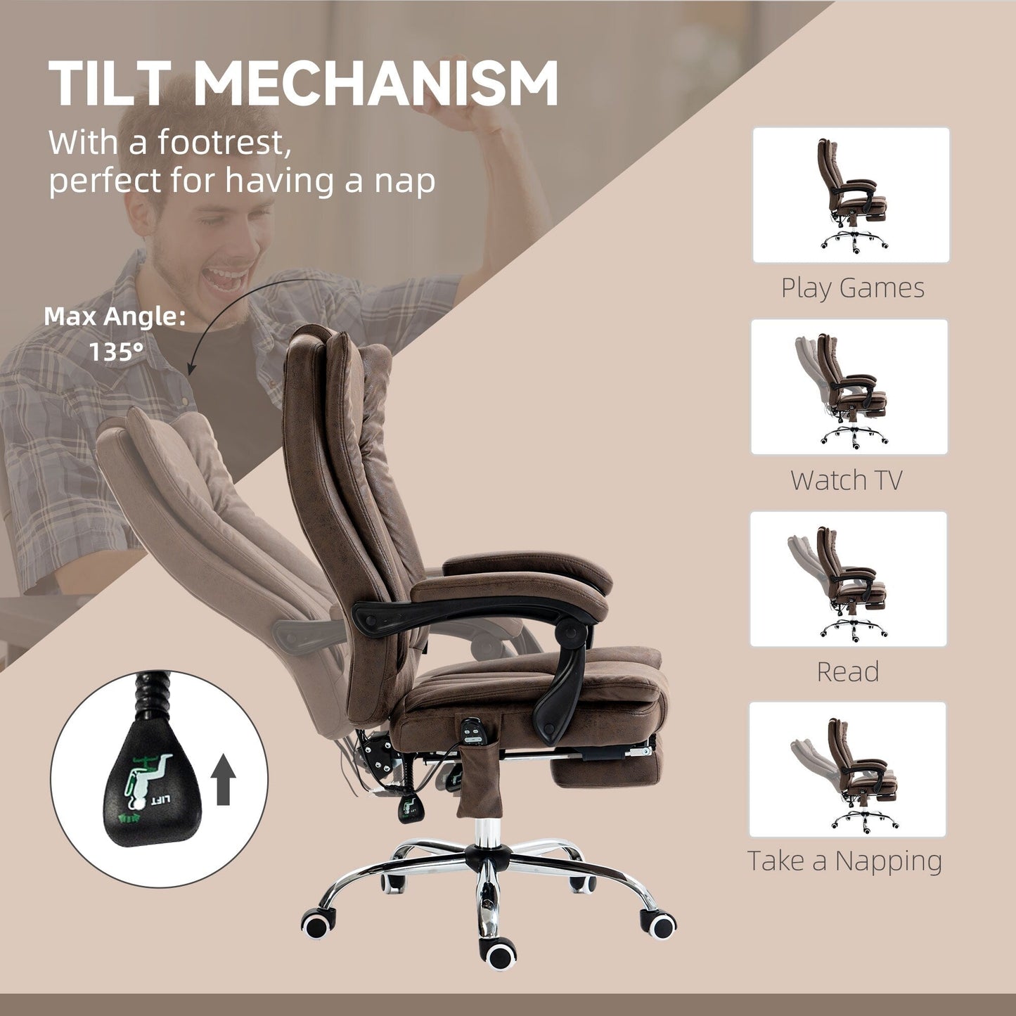 Fauteuil de bureau ergonomique, inclinable et massant en microfibre, avec dossier haut et chauffage, repose-pieds et télécommande