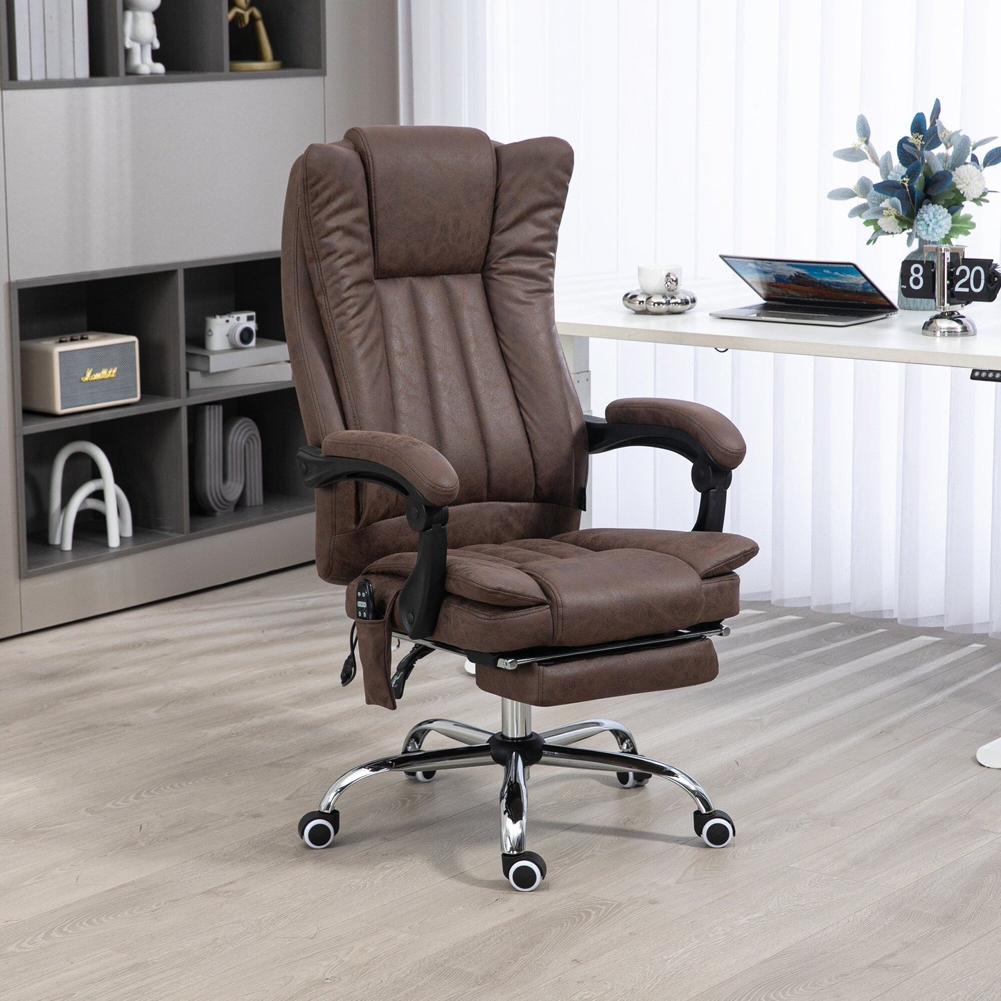 Fauteuil de bureau ergonomique, inclinable et massant en microfibre, avec dossier haut et chauffage, repose-pieds et télécommande