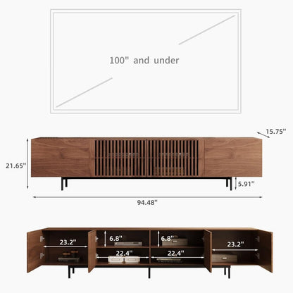 Meuble TV moderne du milieu du siècle avec 4 portes et rangements, compatible avec les téléviseurs jusqu'à 100 pouces, idéal pour le salon