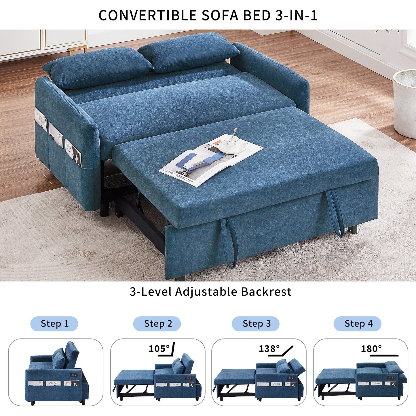 Canapé-lit 2 places moderne en microfibre avec dossier réglable, poches de rangement, 2 oreillers moelleux et ports USB.
