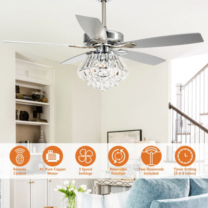 Ventilateur de plafond moderne en cristal chromé de 52 pouces avec télécommande