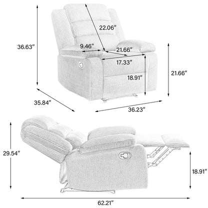 Fauteuil inclinable manuel moderne en velours côtelé, fauteuil inclinable réglable avec accoudoirs larges