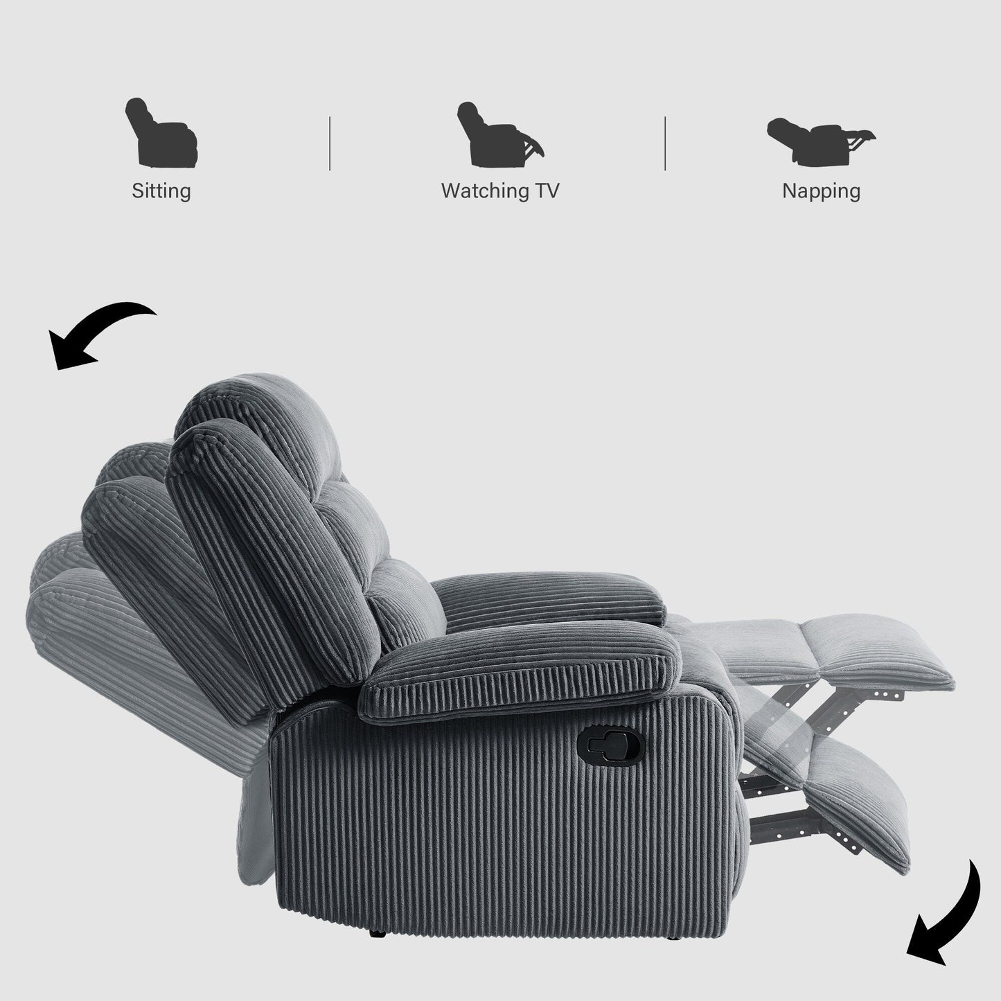Fauteuil inclinable manuel moderne en velours côtelé, fauteuil inclinable réglable avec accoudoirs larges