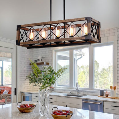 Lustre rectangulaire en bois à 5 lumières de style ferme moderne, avec verre grainé et îlot de cuisine pour salle à manger – 31,5 L x 8,75 l x 8 H