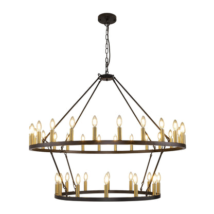 Lustre de ferme moderne à 2 niveaux, lustre rond en forme de roue de chariot, grand plafonnier haut.