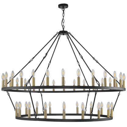 Lustre de ferme moderne à 2 niveaux, lustre rond en forme de roue de chariot, grand plafonnier haut.