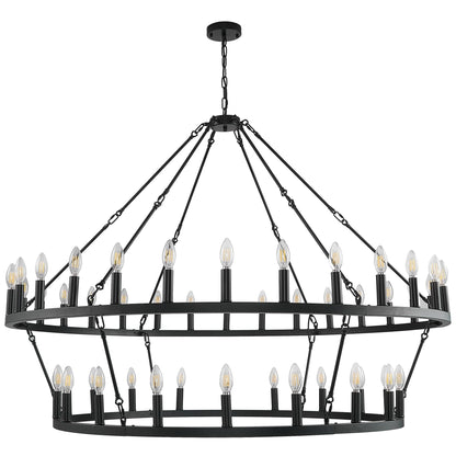 Lustre de ferme moderne à 2 niveaux, lustre rond en forme de roue de chariot, grand plafonnier haut.