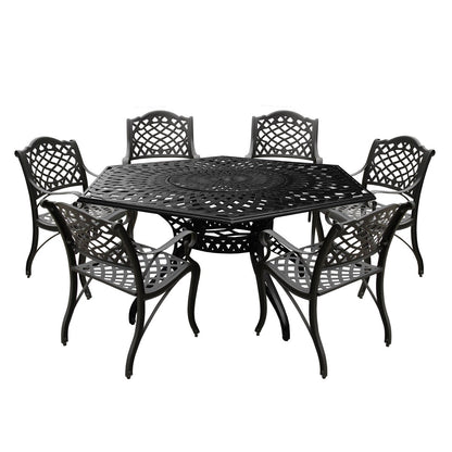 Ensemble de salle à manger d'extérieur moderne et orné en aluminium maillé, grand format hexagonal de 160 cm, avec plateau tournant et six chaises - N/A