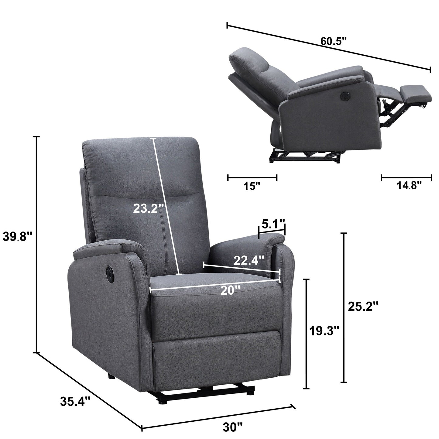 Fauteuil inclinable électrique moderne avec port USB, support complet de la tête et des lombaires