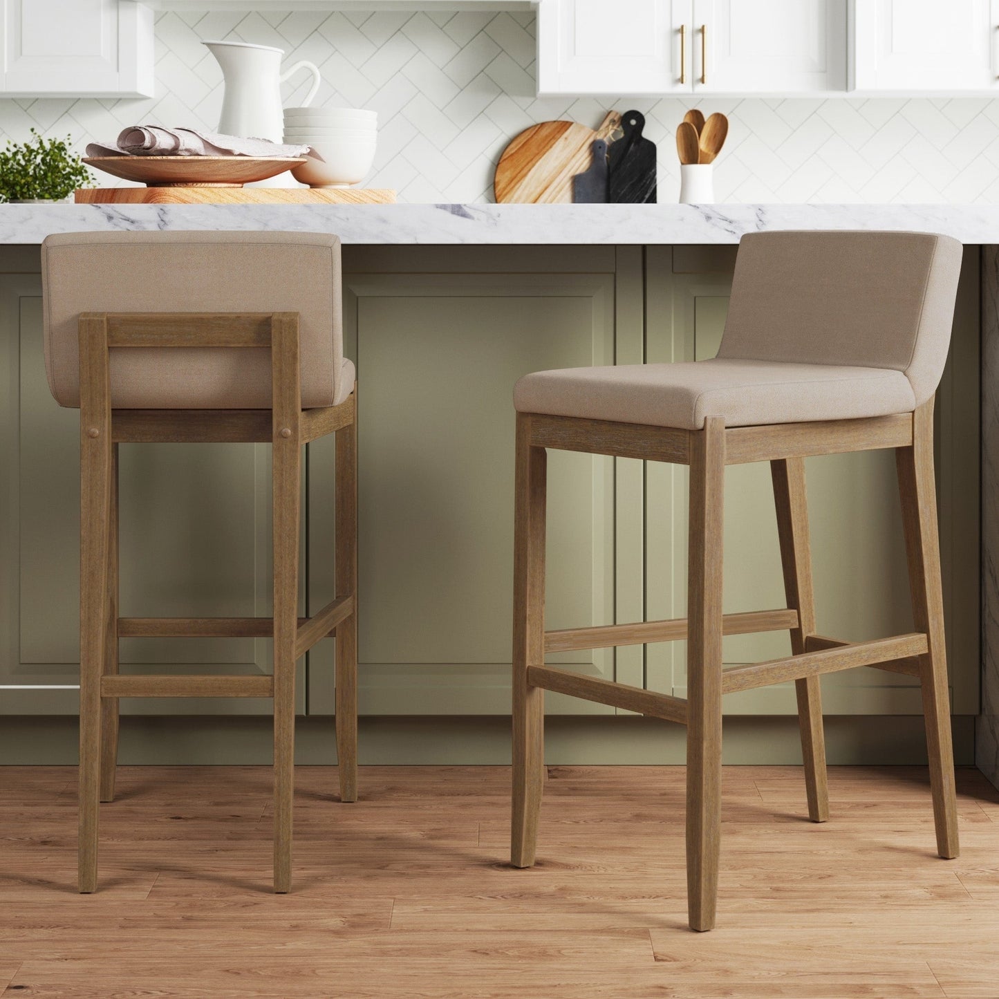 Tabouret de bar moderne Gracie, chaise rembourrée en boucle et pieds en bois brossé