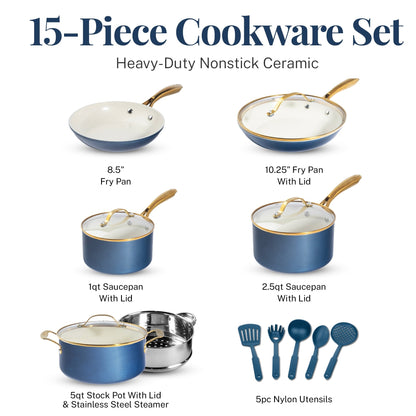 Batterie de cuisine antiadhésive en céramique ultra performante Gotham Steel Natural Collection, 15 pièces, bleu marine