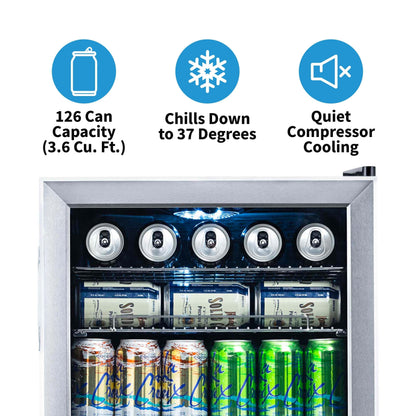 Réfrigérateur à boissons Newair d'une capacité de 126 canettes, mini-réfrigérateur avec porte vitrée et étagères réglables, en acier inoxydable