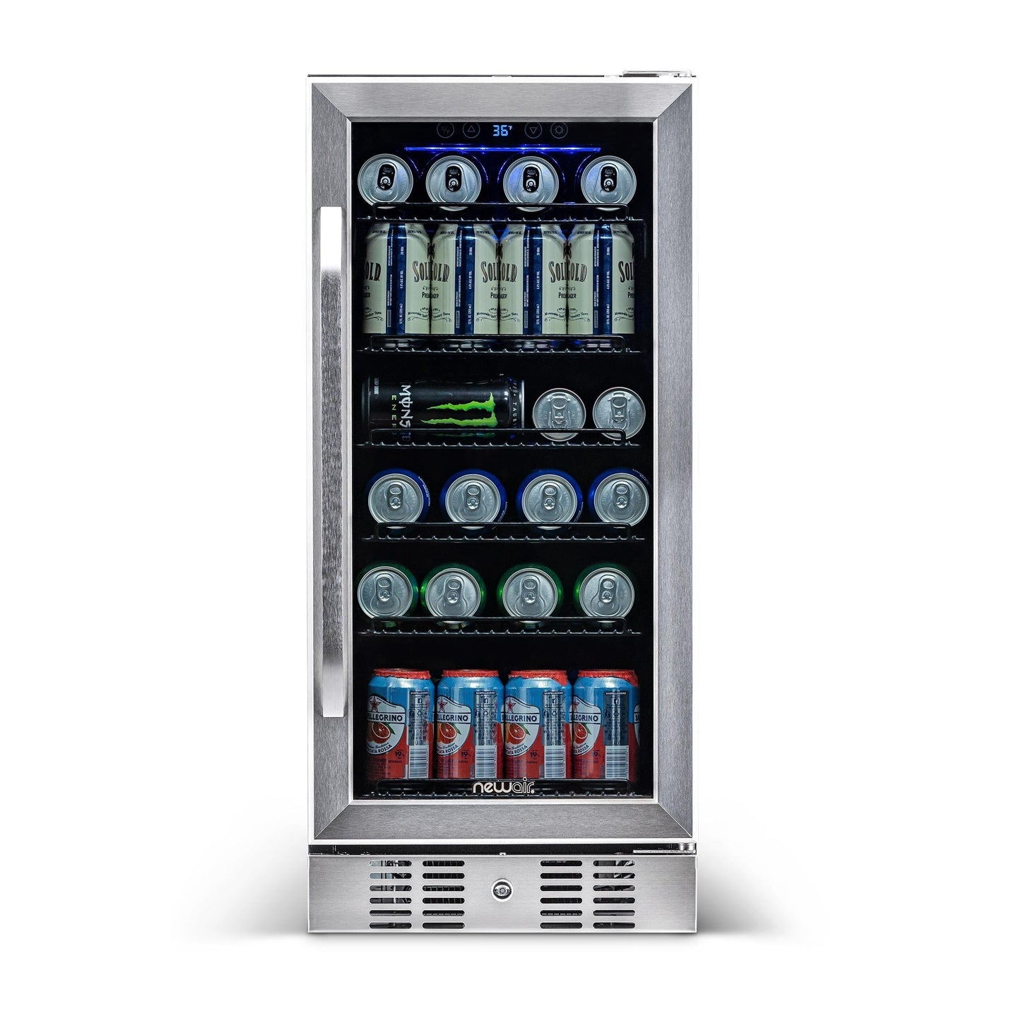 Réfrigérateur à boissons encastré Newair de 15 po, 96 canettes, en acier inoxydable, avec commandes de température et étagères réglables