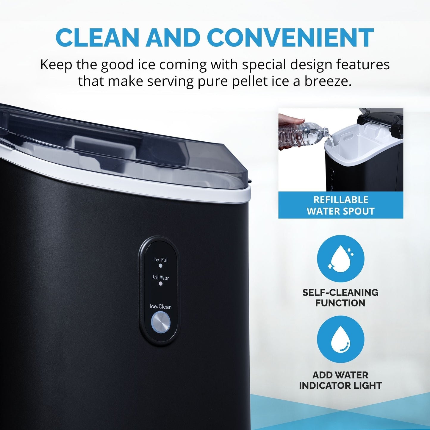 Machine à glaçons Newair de 11,8 kg (26 lb) pour comptoir, noir mat, avec fenêtre de visualisation de la glace, bouton autonettoyant et bec verseur facile à utiliser.