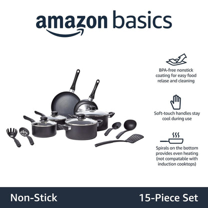 Batterie de cuisine antiadhésive 15 pièces, casseroles, poêles et ustensiles, noir