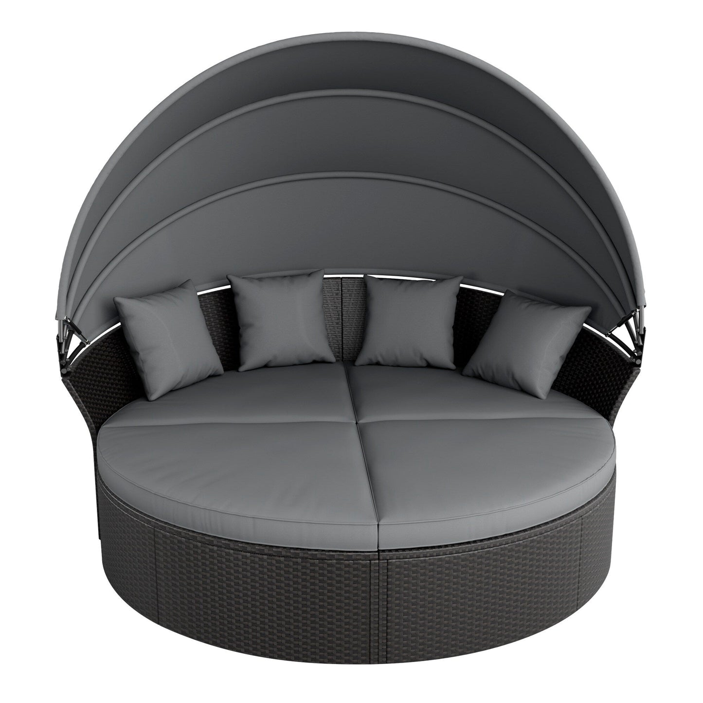 Ensemble de canapé-lit sectionnel rond en osier noir pour patio Nuon 4 pièces avec auvent rétractable par Havenside Home