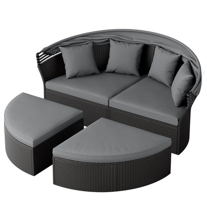 Ensemble de canapé-lit sectionnel rond en osier noir pour patio Nuon 4 pièces avec auvent rétractable par Havenside Home
