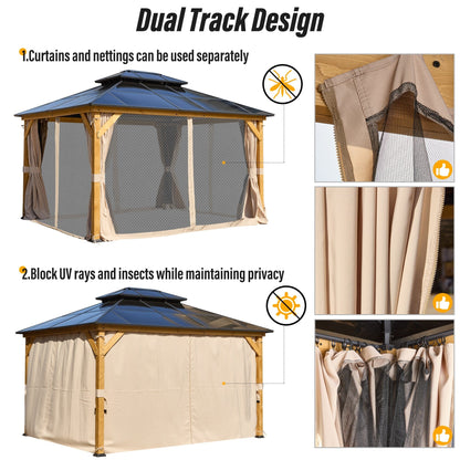 Gazebo à toit rigide EROMMY, pergola d'extérieur avec double toit, filet et rideaux, auvent robuste pour patio, arrière-cour, fête au bord de la piscine