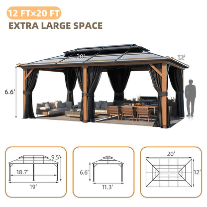 Gazebo à toit rigide EROMMY, pergola d'extérieur avec double toit, filet et rideaux, auvent robuste pour patio, arrière-cour, fête au bord de la piscine