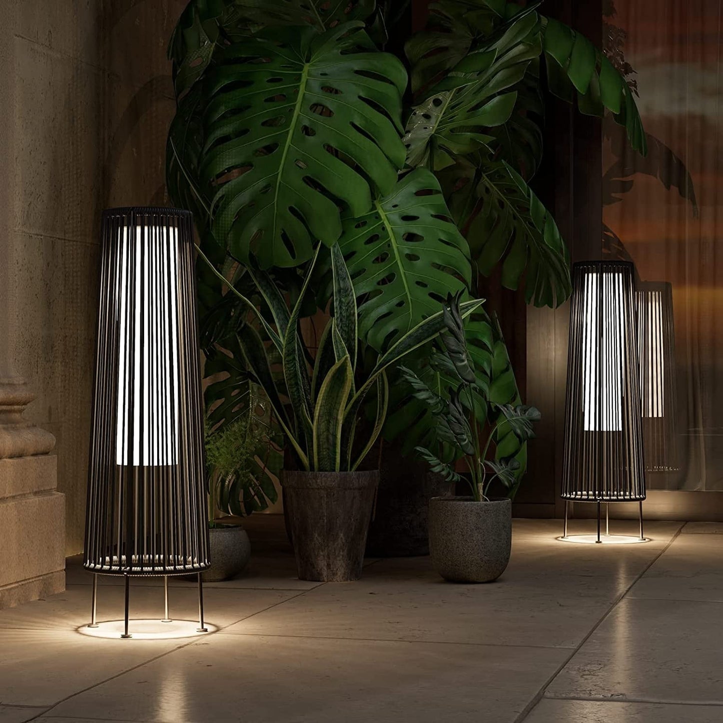 Lot de 2 lampes solaires d'extérieur en osier, résistantes aux intempéries, idéales pour terrasse, porche, cour ou jardin.