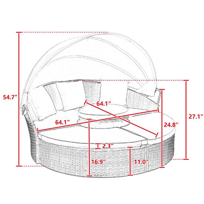 Lit de repos rond en rotin pour extérieur avec table basse relevable, canapé-lit profond bleu marine avec oreillers et coussins lavables