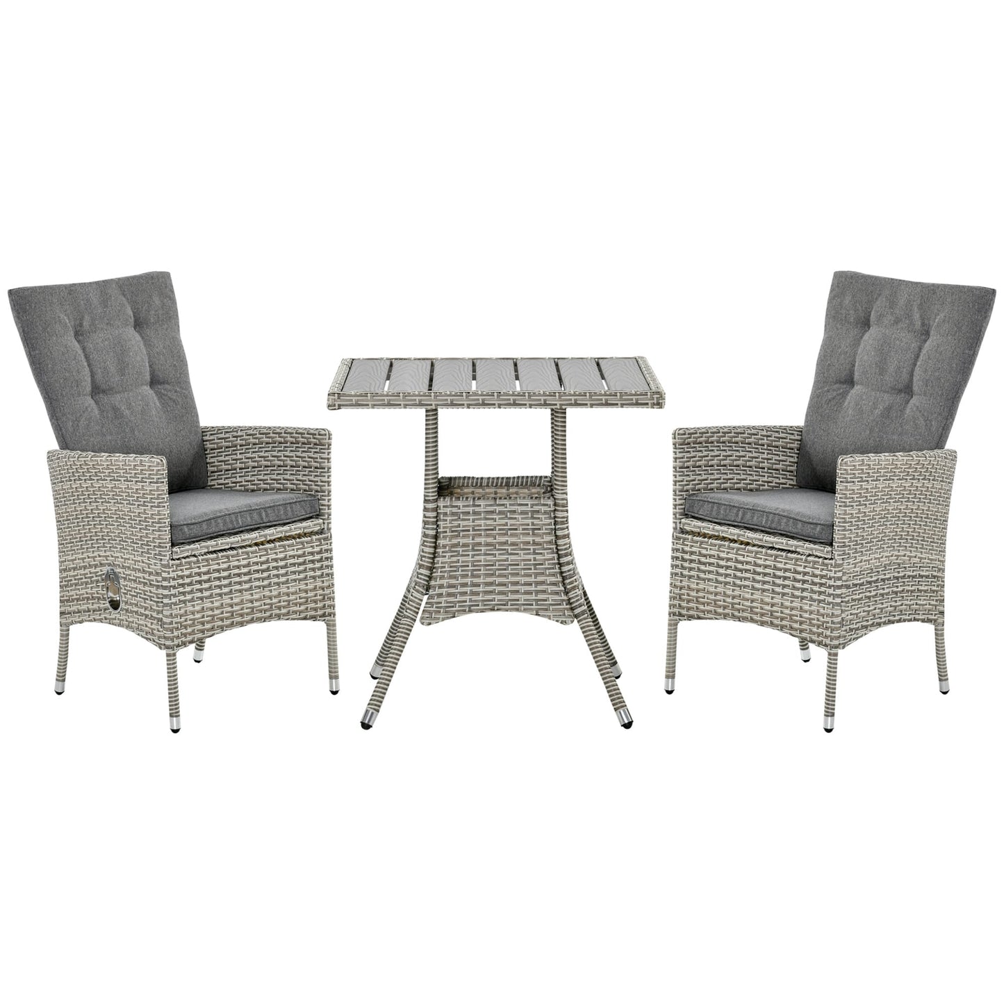 Ensemble de 3 canapés de patio Outsunny en rotin synthétique, chaises inclinables d'extérieur, table basse avec plateau en plastique grain de bois