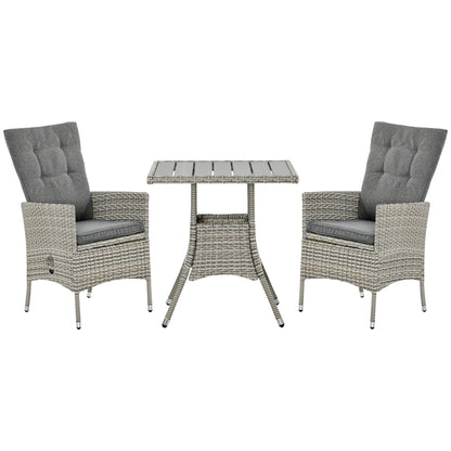Ensemble de 3 canapés de patio Outsunny en rotin synthétique, chaises inclinables d'extérieur, table basse avec plateau en plastique grain de bois