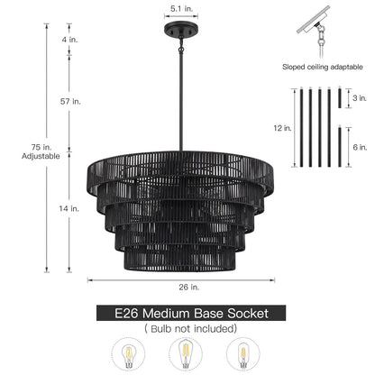 Lustre bohème moderne Piersan à 5 lumières avec abat-jour en rotin à plusieurs niveaux - 26 po de largeur