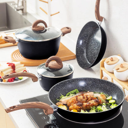 Ensemble de casseroles et poêles antiadhésives, batterie de cuisine en céramique avec motifs, ustensiles de cuisine à induction avec poêles, cocotte avec couvercles