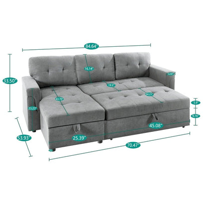 Canapé sectionnel convertible réversible avec lit gigogne, méridienne avec rangement dissimulé et pieds robustes