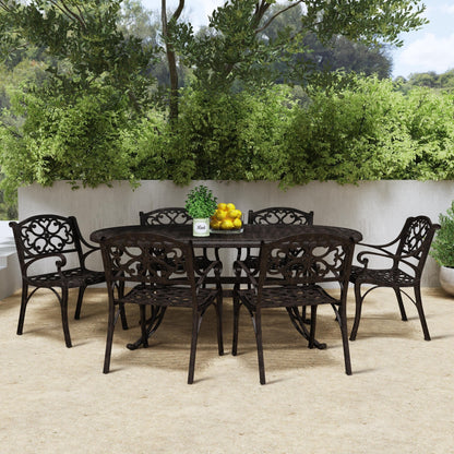 Ensemble de salle à manger d'extérieur en aluminium bronze Sanibel 7 pièces avec table à manger ovale de 72 pouces et six fauteuils par Homestyles