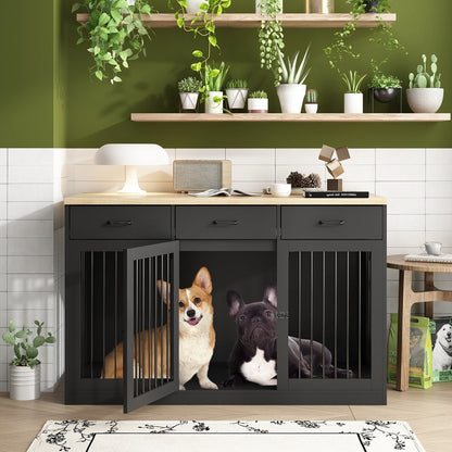 Élégant meuble en bois pour cage à chien avec rangement, 3 tiroirs