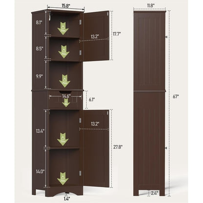 Armoire à linge étroite de salle de bain de 67 po de hauteur, meuble de rangement autoportant en bois massif à 5 niveaux