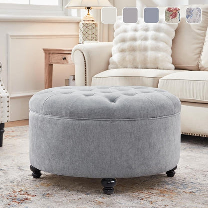 Grand repose-pieds rond touffeté avec rangement beige/gris/bleu