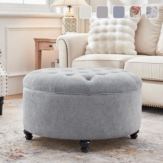 Grand repose-pieds rond touffeté avec rangement beige/gris/bleu