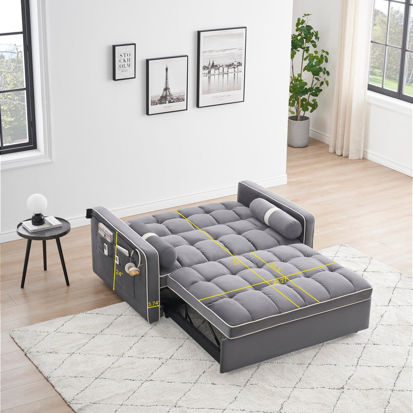 Canapé-lit convertible 2 places en velours de 55 pouces avec lit gigogne, inclinaison réglable, poches latérales et support pour téléphone